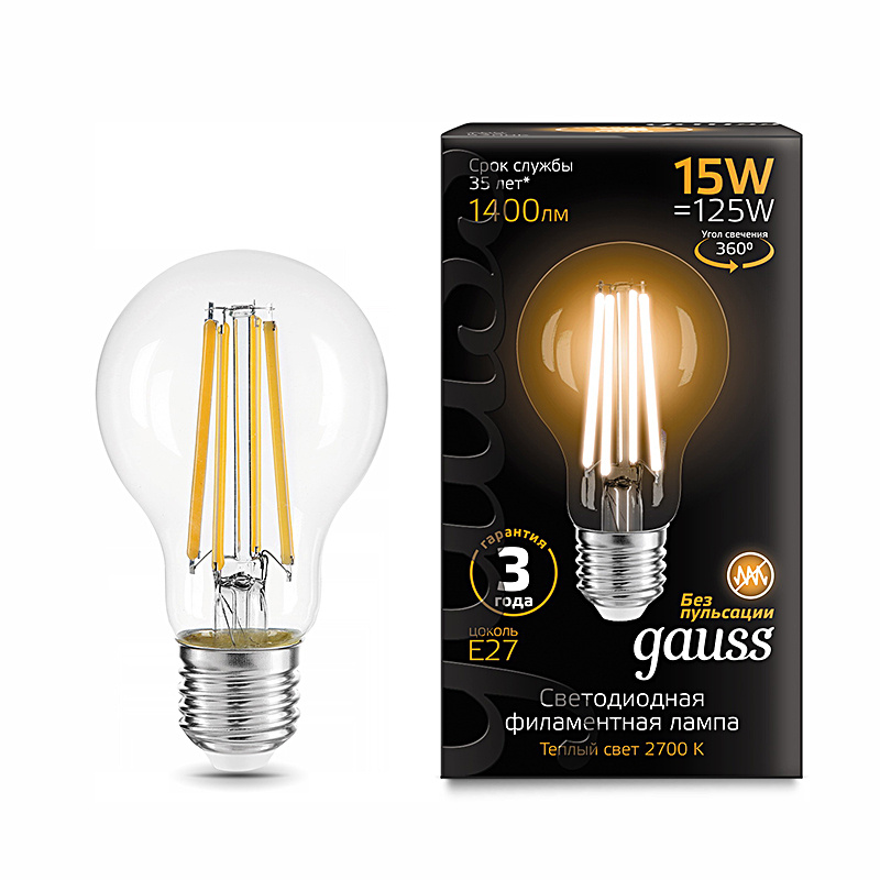 Лампа Gauss LED Filament А60 15W 1400lm 2700К Е27  1/10/40(102902115)