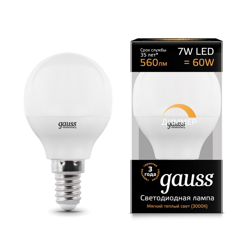 Лампа Gauss LED Globe-dim E14 7W 3000К диммируемая 105101107-D